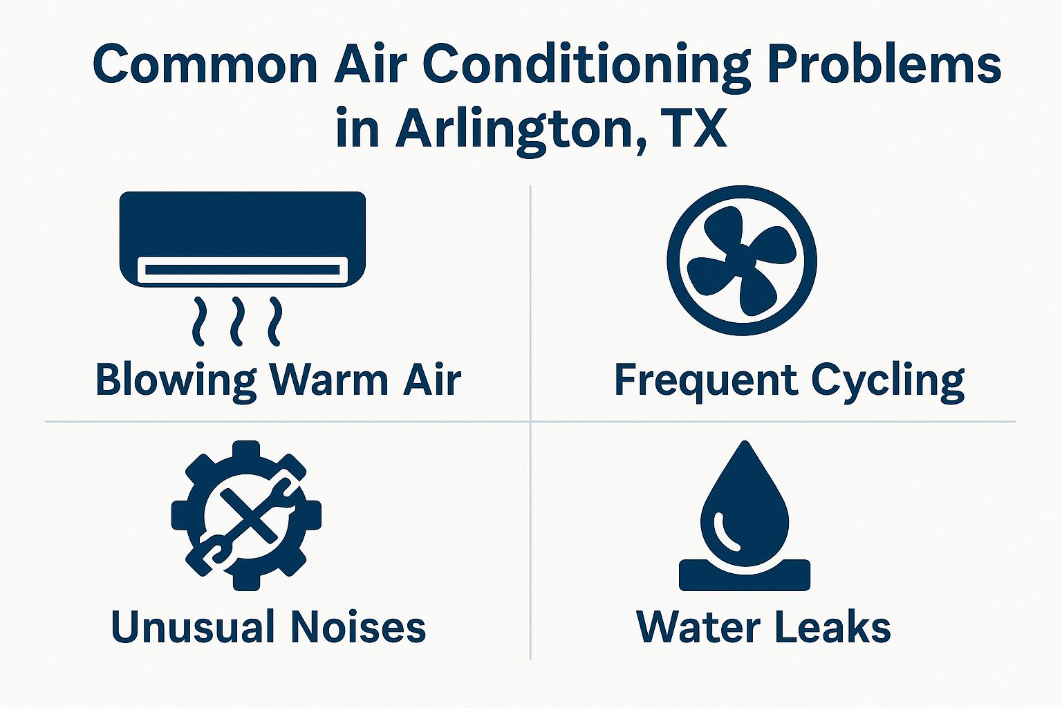 Common AC problems in Arlington: warm air, cycling, noises, leaks.