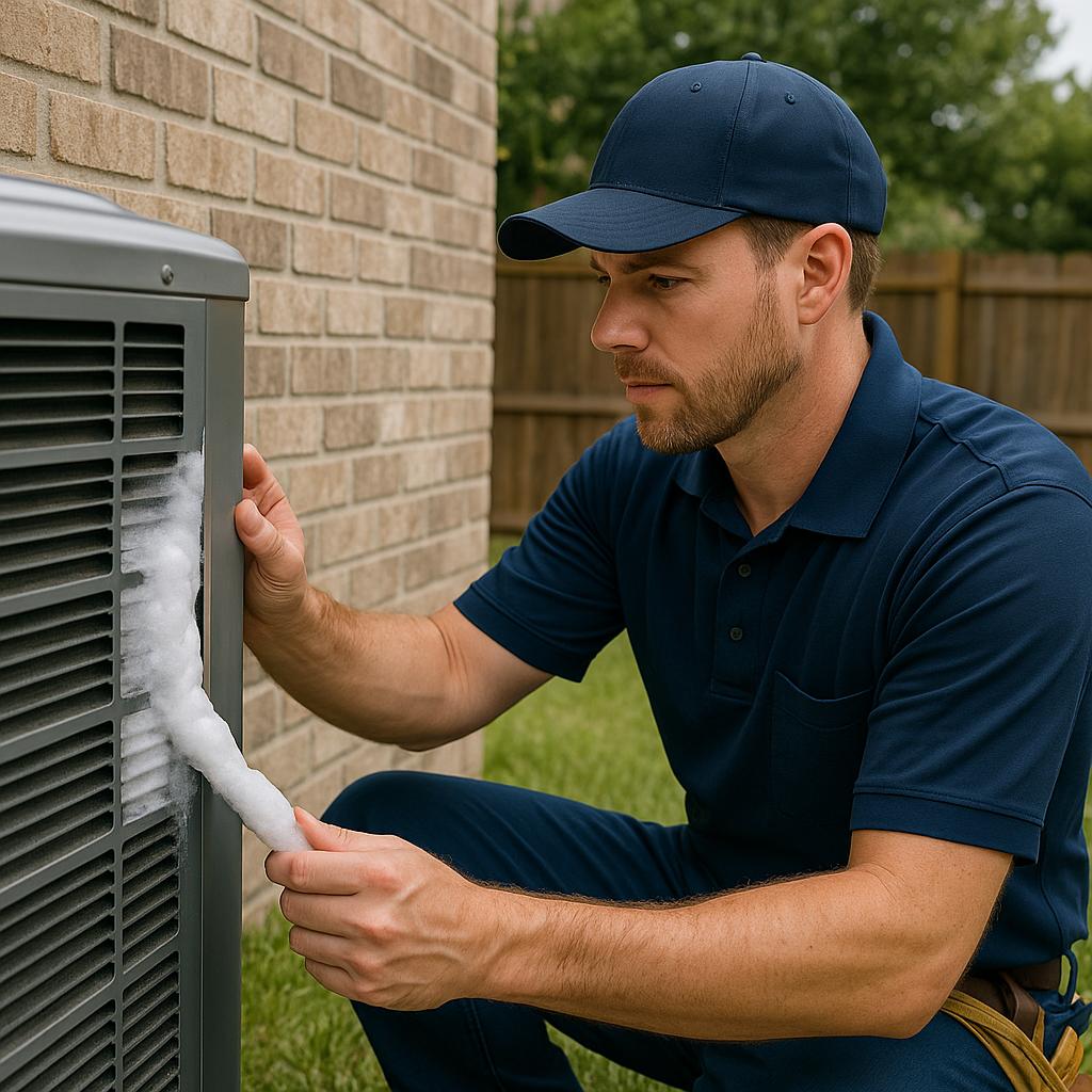 Technician examining a frozen evaporator coil in an air conditioner unit.