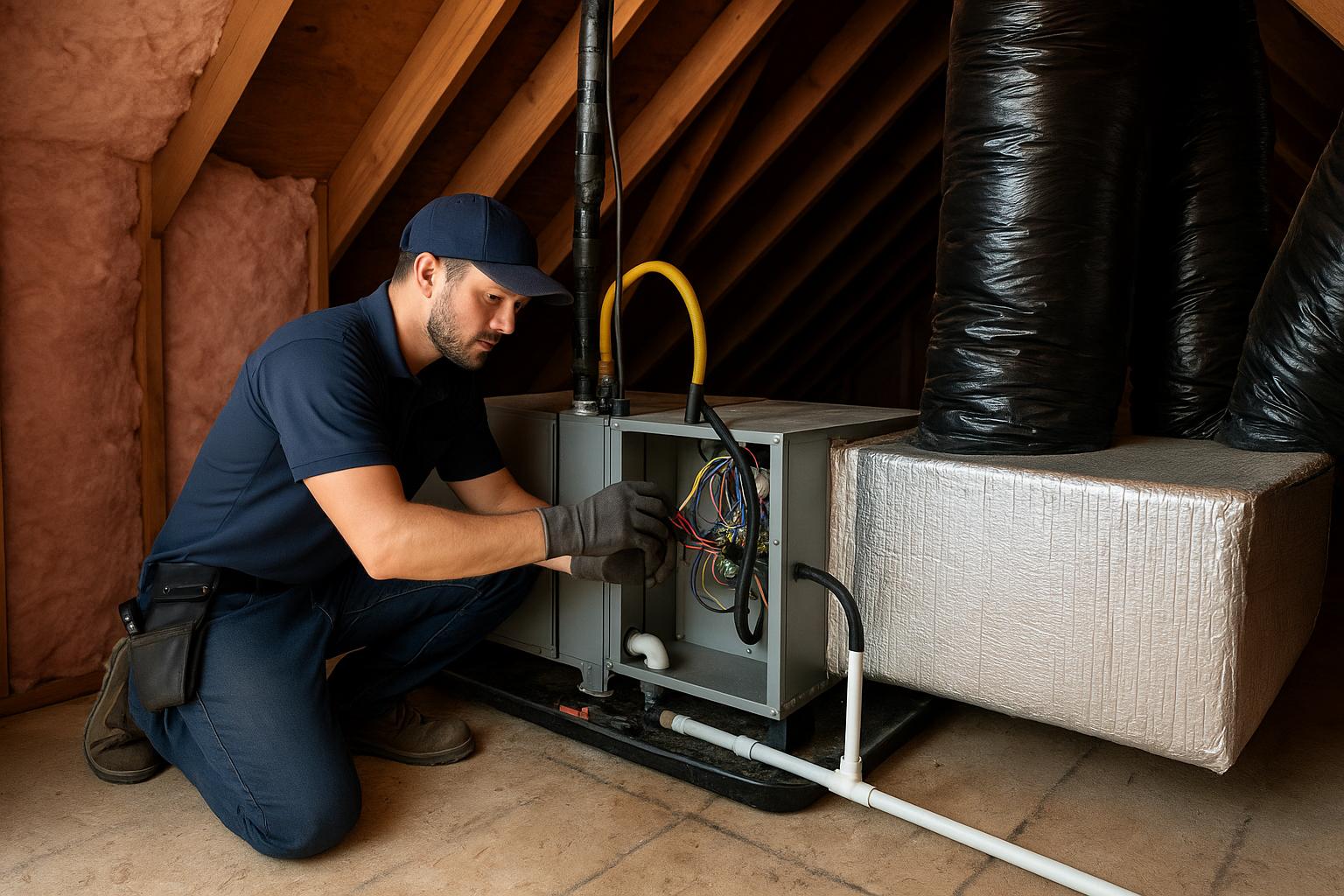 Technician repairing furnace system in attic space in arlington tx